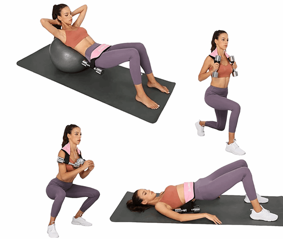 hip-thrust-belt-glute-bridge-pad-butt-workout-dumbbells-kettlebells-lunges-reverse-squat-resistance-training