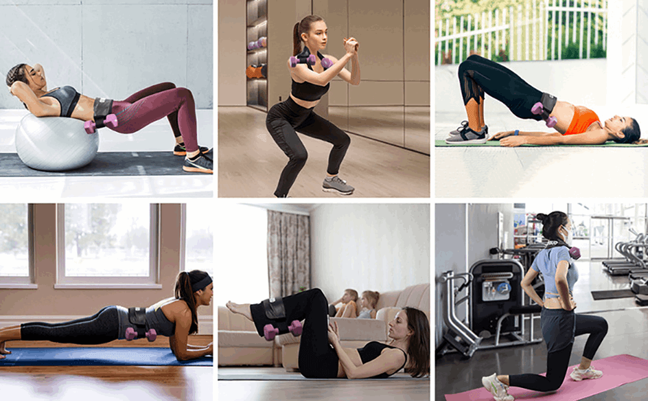 hip-thrust-belt-glute-bridge-pad-butt-workout-dumbbells-kettlebells-lunges-reverse-squat-core-training